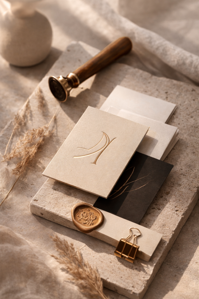 Papeterie de marque premium avec logo embossé, palette beige et éléments minimalistes